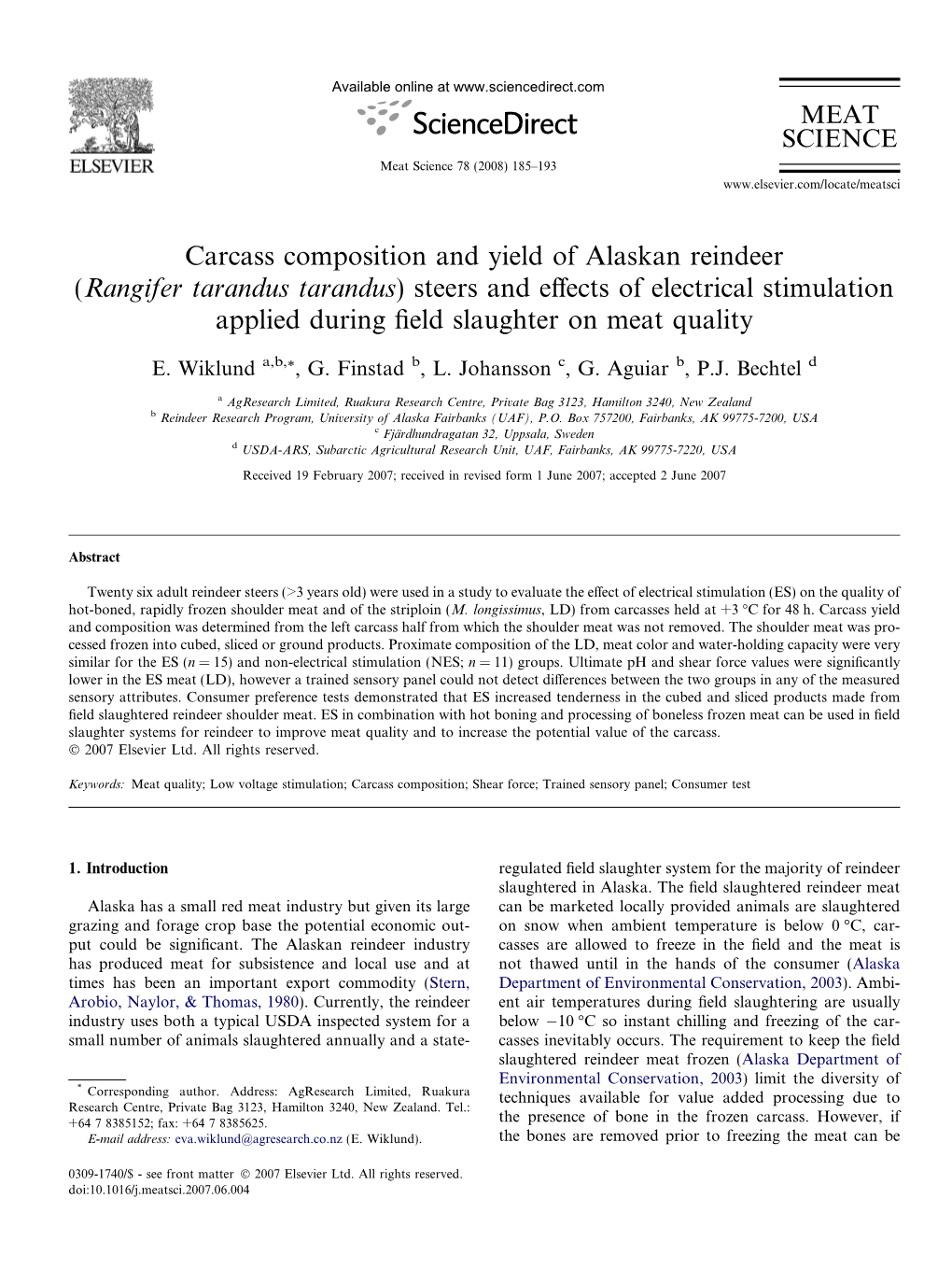 Carcass Composition and Yield of Alaskan Reindeer