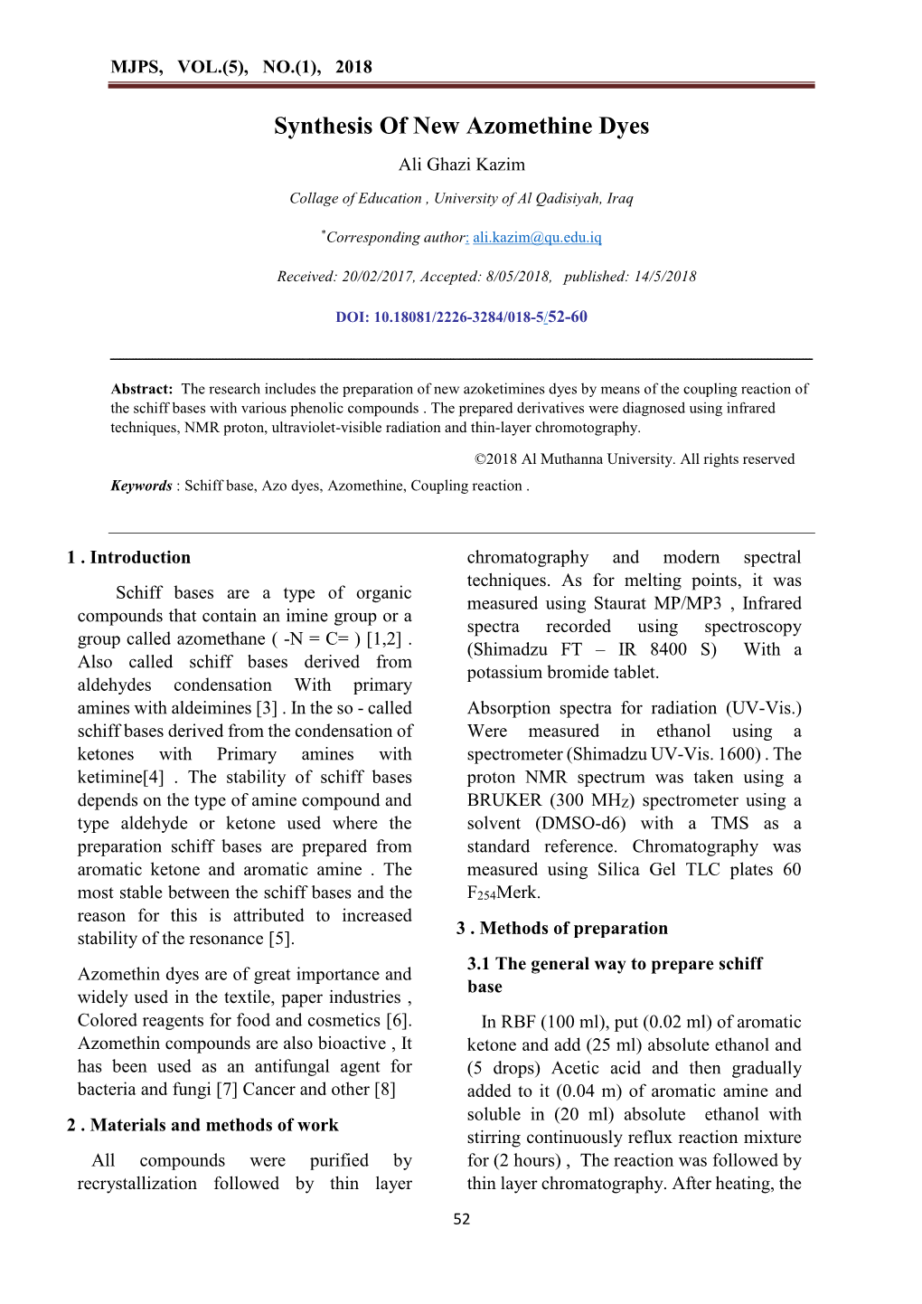 Synthesis of New Azomethine Dyes Ali Ghazi Kazim