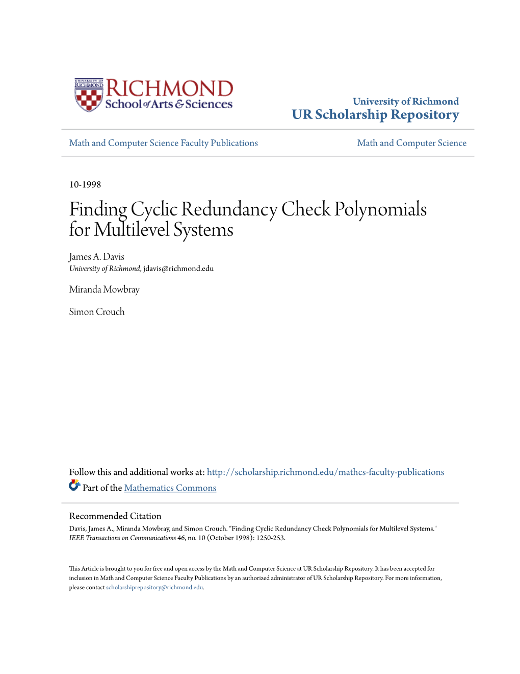 Finding Cyclic Redundancy Check Polynomials for Multilevel Systems James A