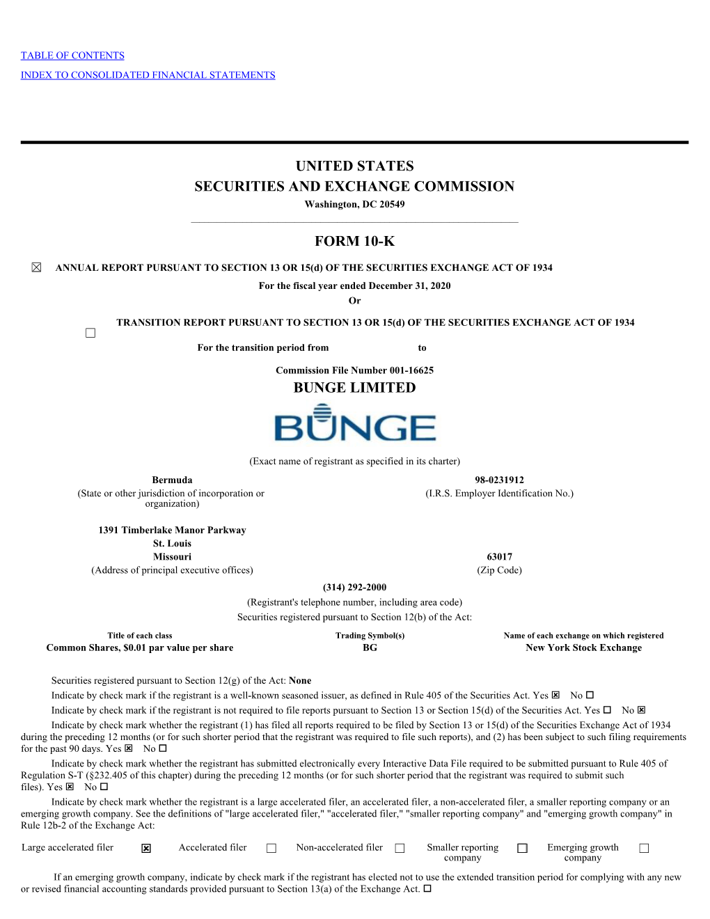 United States Securities and Exchange Commission Form 10-K Bunge Limited