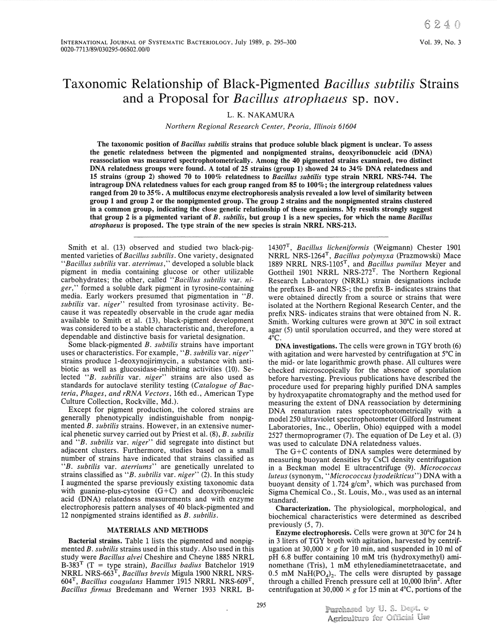 Taxonomic Relationship of Black-Pigmented Bacillus Subtilis Strains and a Proposal for Bacillus Atrophaeus Sp