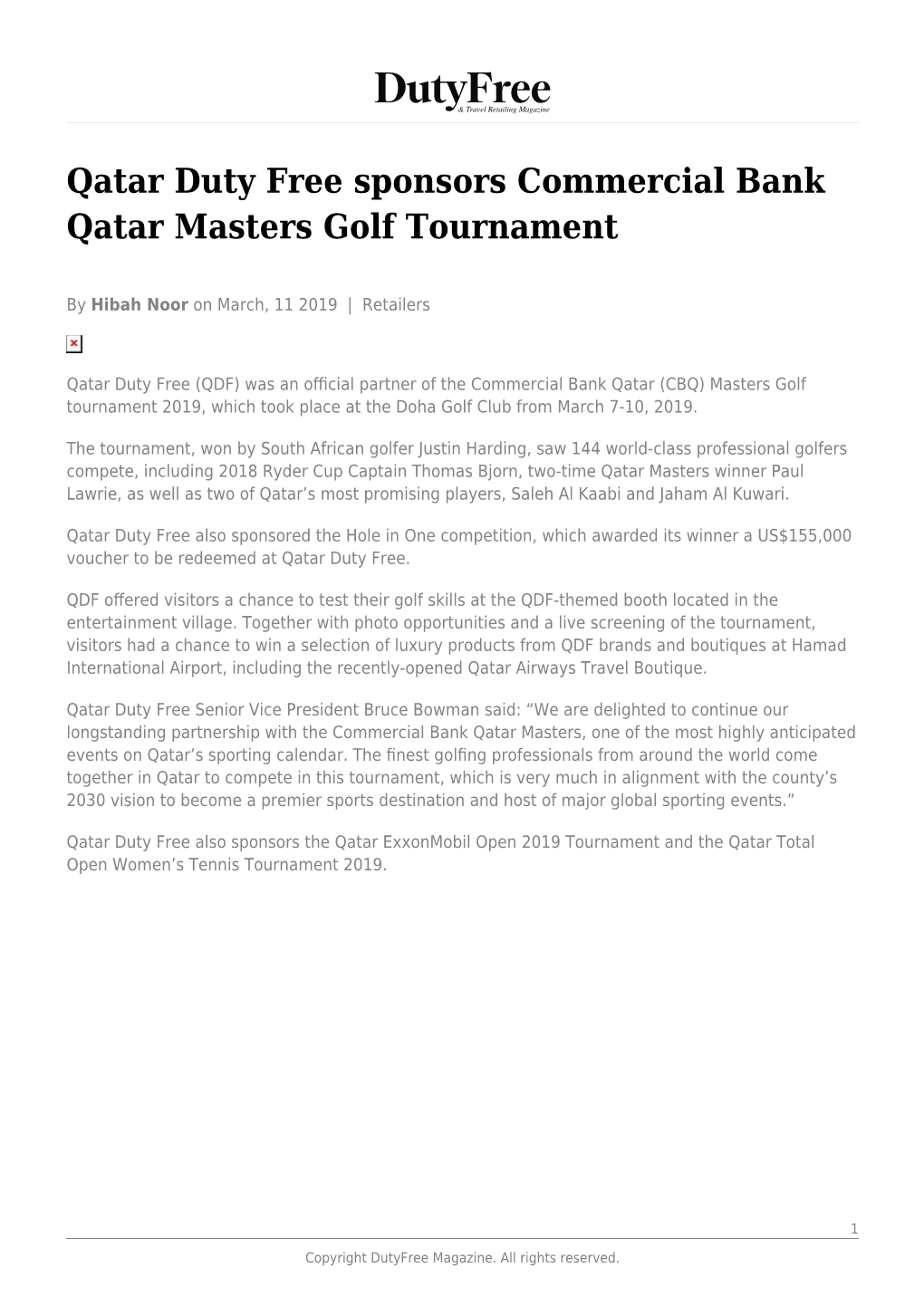 Qatar Duty Free Sponsors Commercial Bank Qatar Masters Golf Tournament