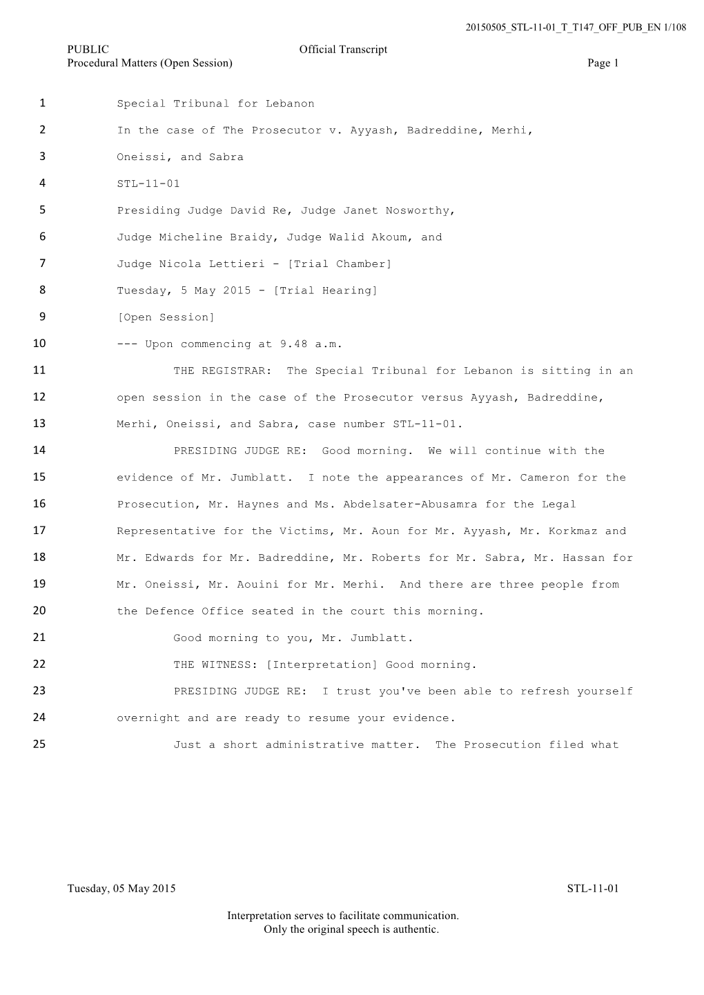 Public Transcript of the Hearing Held on 5 May 2015 in the Case Of