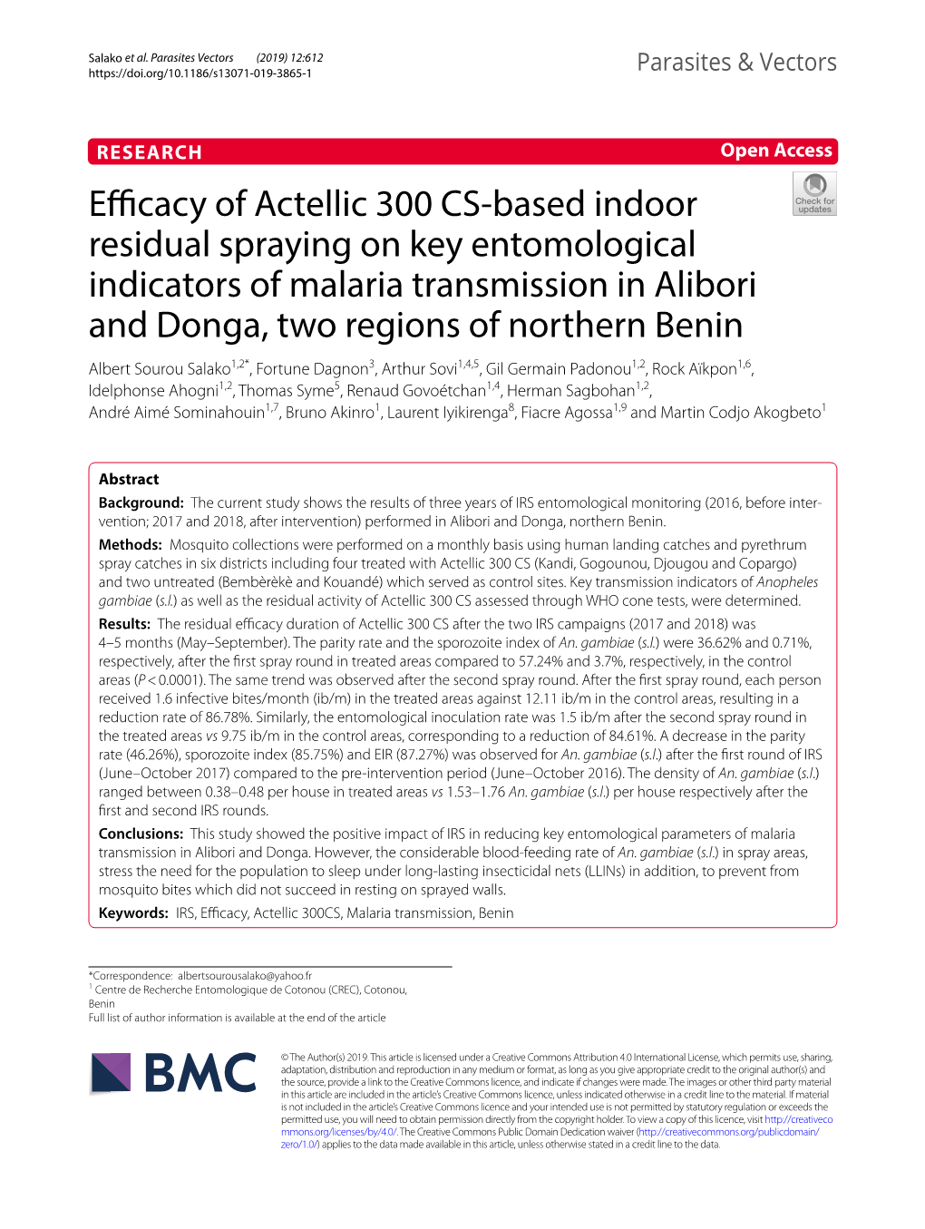 Efficacy of Actellic 300 CS-Based Indoor Residual Spraying on Key