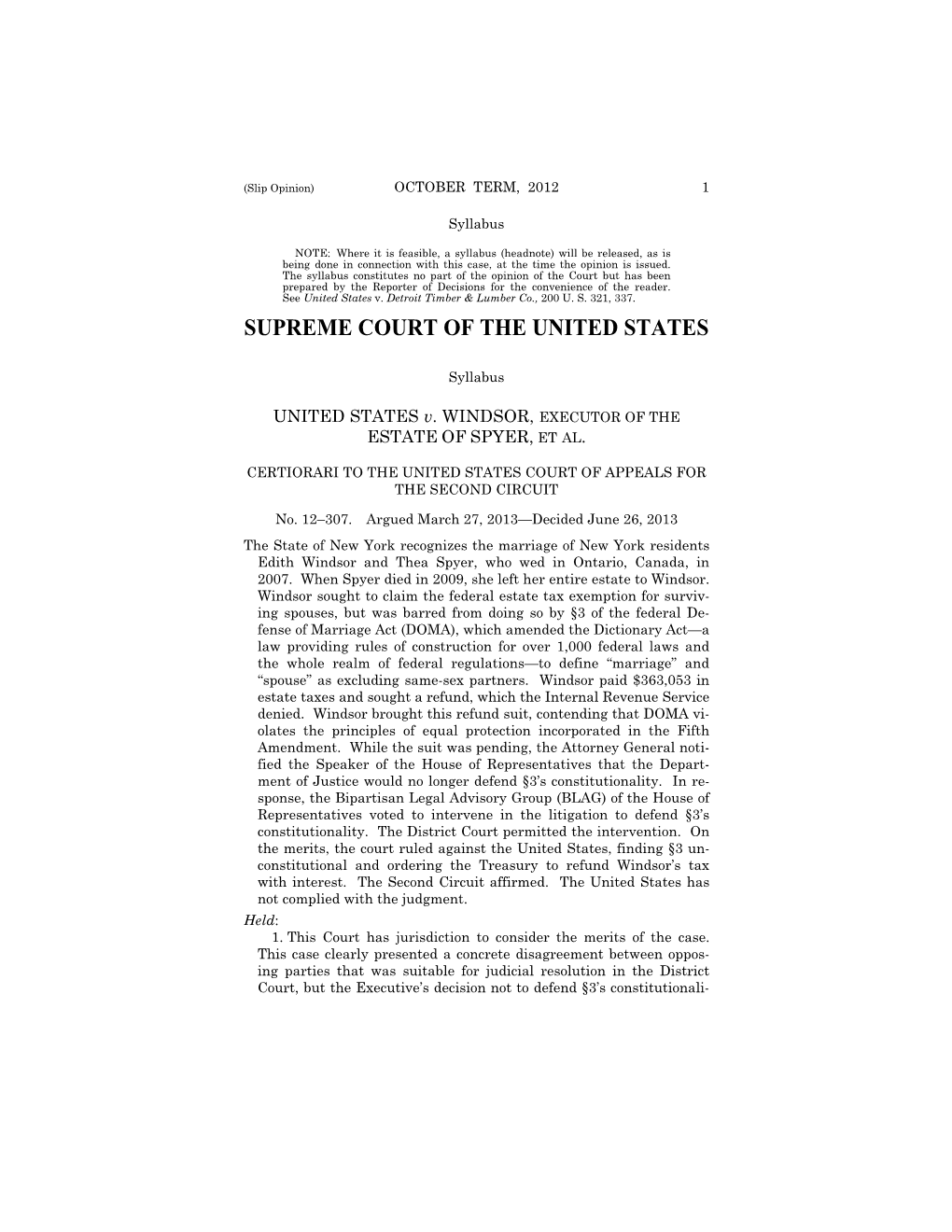 12-307 United States V. Windsor (06/26/2013)