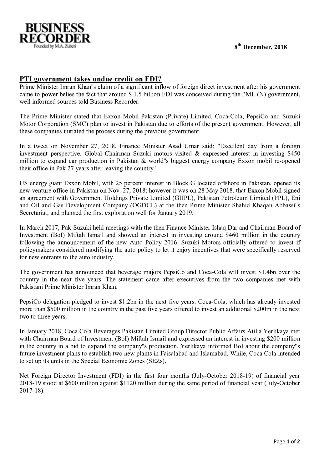 PTI Government Takes Undue Credit on FDI?