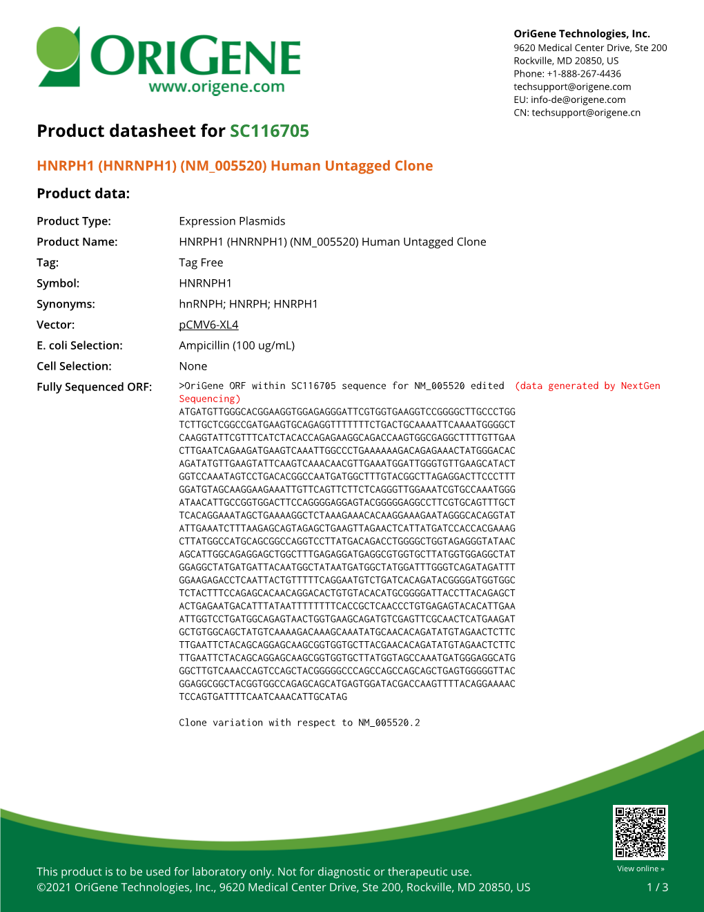 HNRPH1 (HNRNPH1) (NM 005520) Human Untagged Clone Product Data