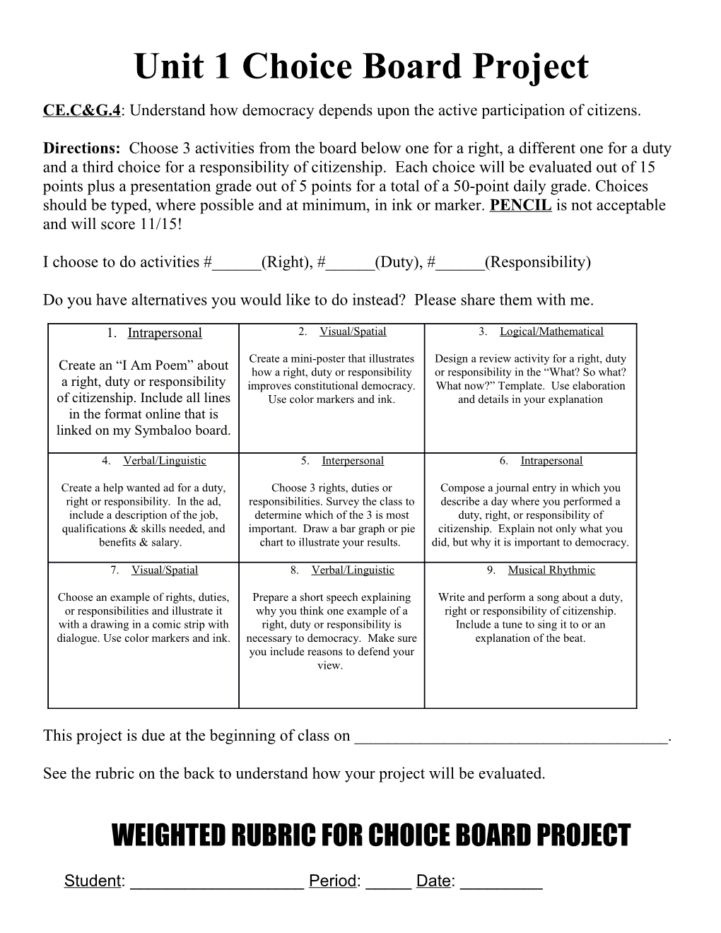 Unit 1 Choice Board Project