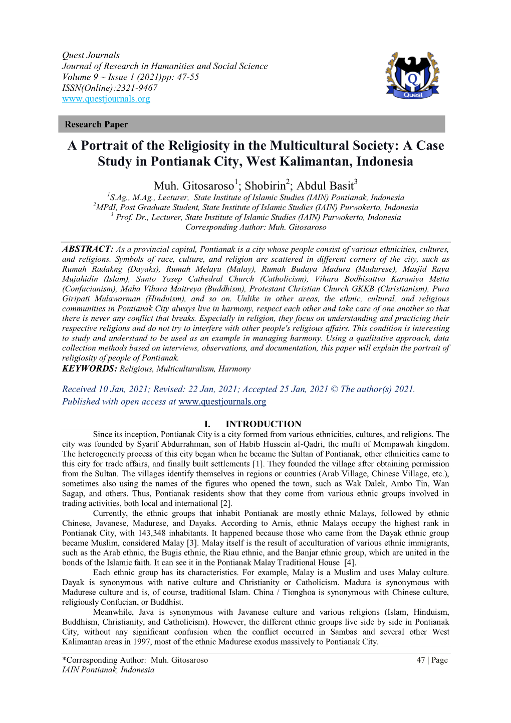 A Portrait of the Religiosity in the Multicultural Society: a Case Study in Pontianak City, West Kalimantan, Indonesia