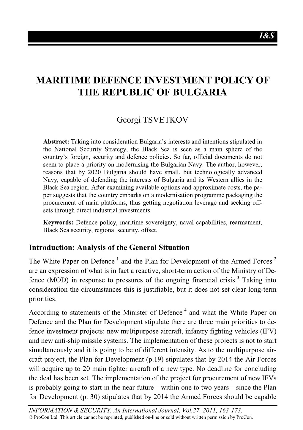 Maritime Defence Investment Policy of the Republic of Bulgaria