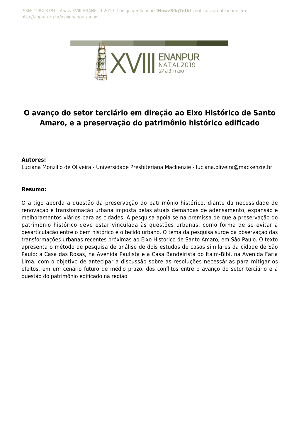 O Avanço Do Setor Terciário Em Direção Ao Eixo Histórico De Santo Amaro, E a Preservação Do Patrimônio Histórico Edific