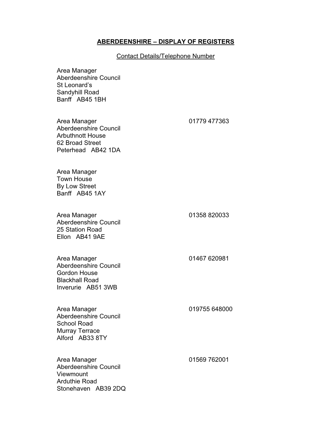 ABERDEENSHIRE – DISPLAY of REGISTERS Contact Details