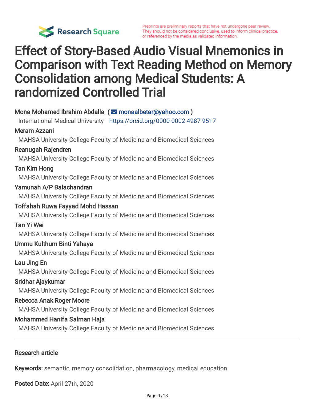 Effect of Story-Based Audio Visual Mnemonics in Comparison with Text Reading Method on Memory Consolidation Among Medical Students: a Randomized Controlled Trial