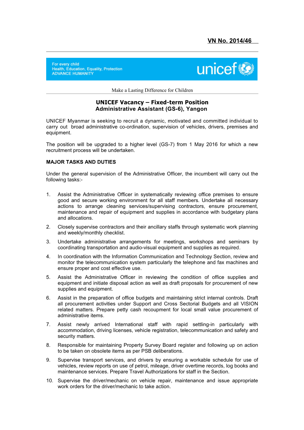 UNICEF Vacancy Fixed-Term Position