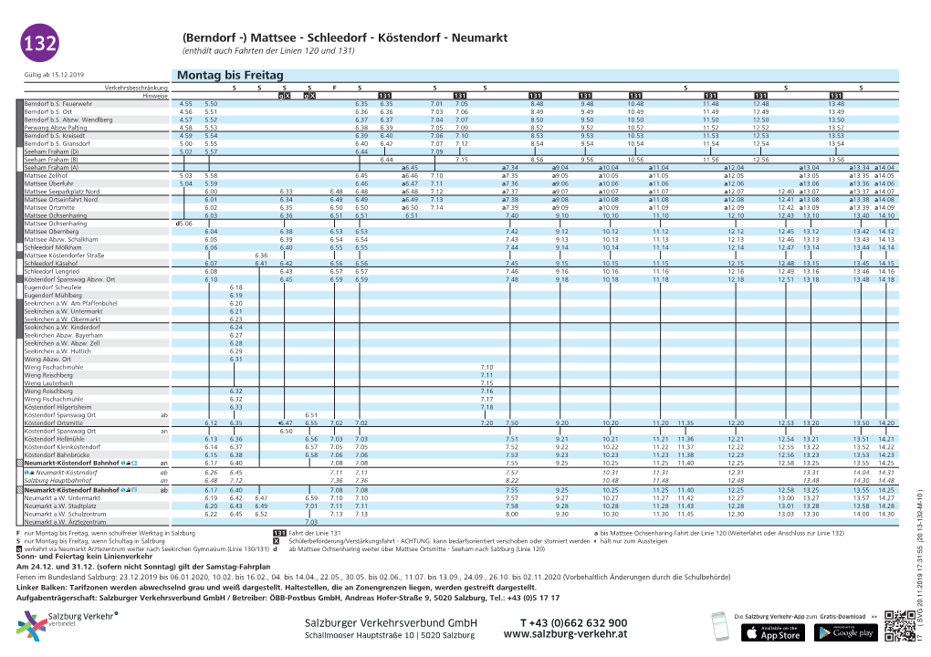 Mattsee - Schleedorf - Köstendorf - Neumarkt 132 (Enthält Auch Fahrten Der Linien 120 Und 131)