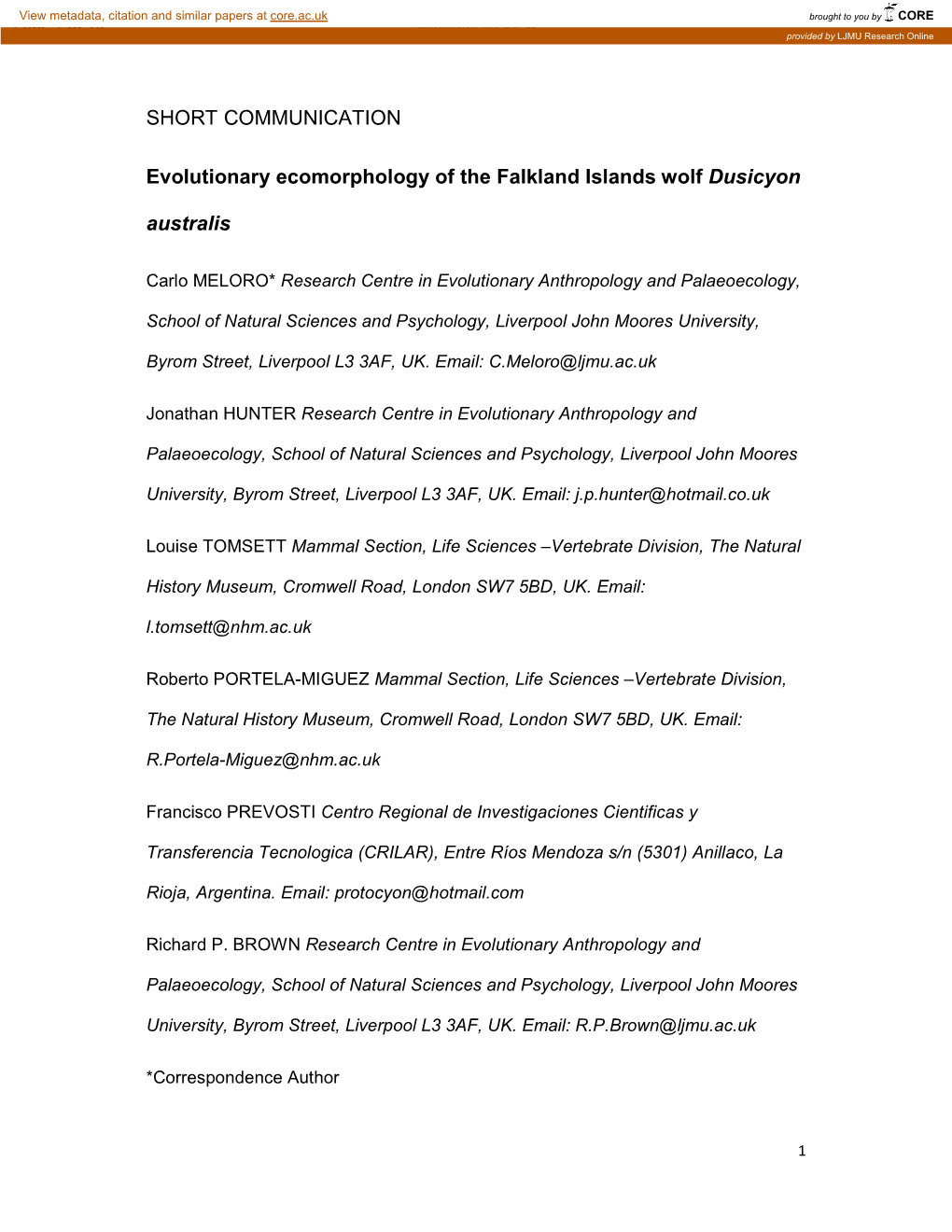 Evolutionary Ecomorphology of the Falkland Islands Wolf Dusicyon