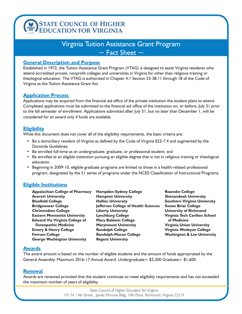 Virginia Tuition Assistance Grant Program ~ Fact Sheet ~