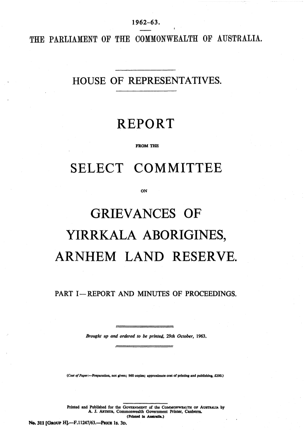 Report from the Select Committee on Grievances of Yirrkala Aborigines, Arnhem Land Reserve