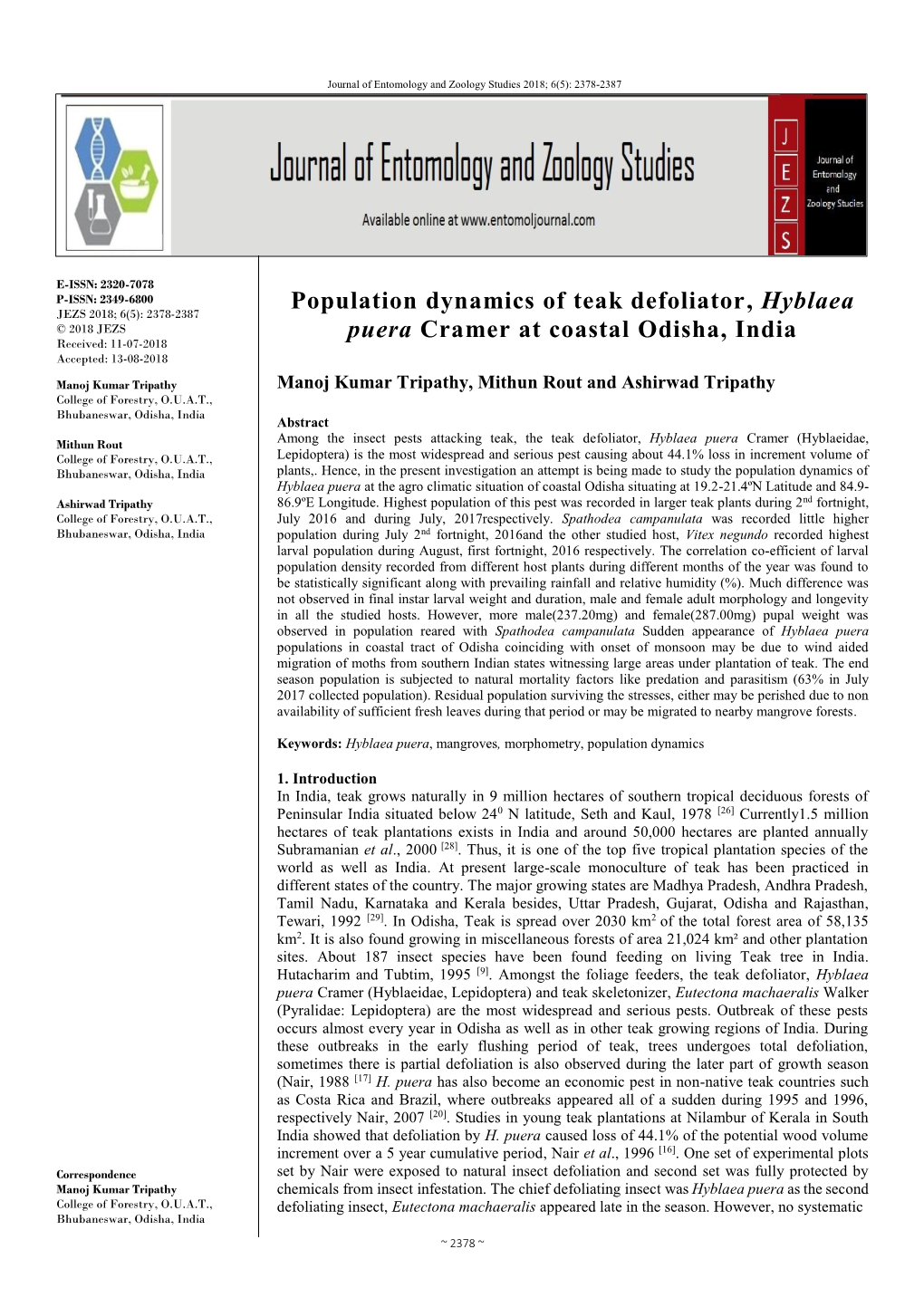 Population Dynamics of Teak Defoliator, Hyblaea Puera Cramer at Coastal