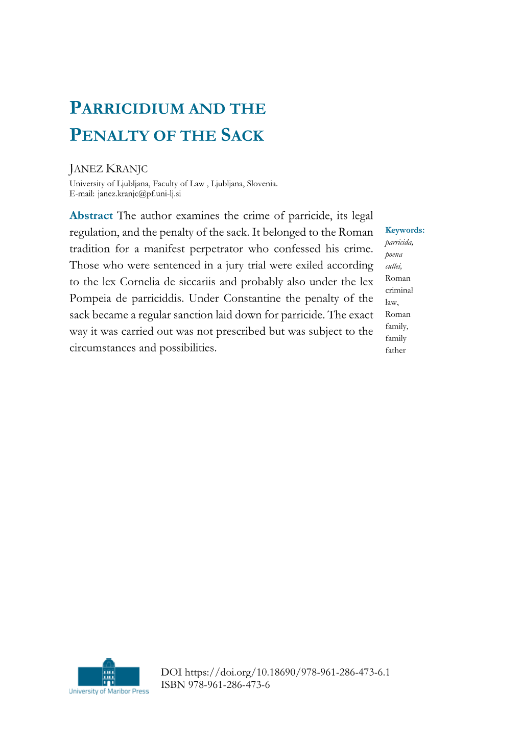 Parricidium and the Penalty of the Sack