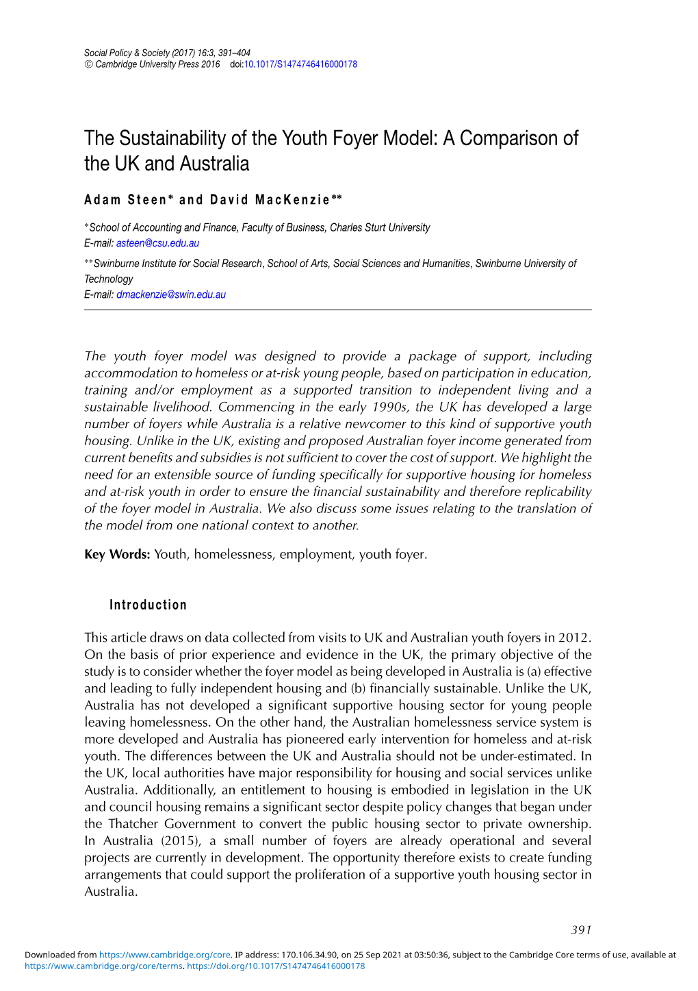 The Sustainability of the Youth Foyer Model: a Comparison of the UK and Australia