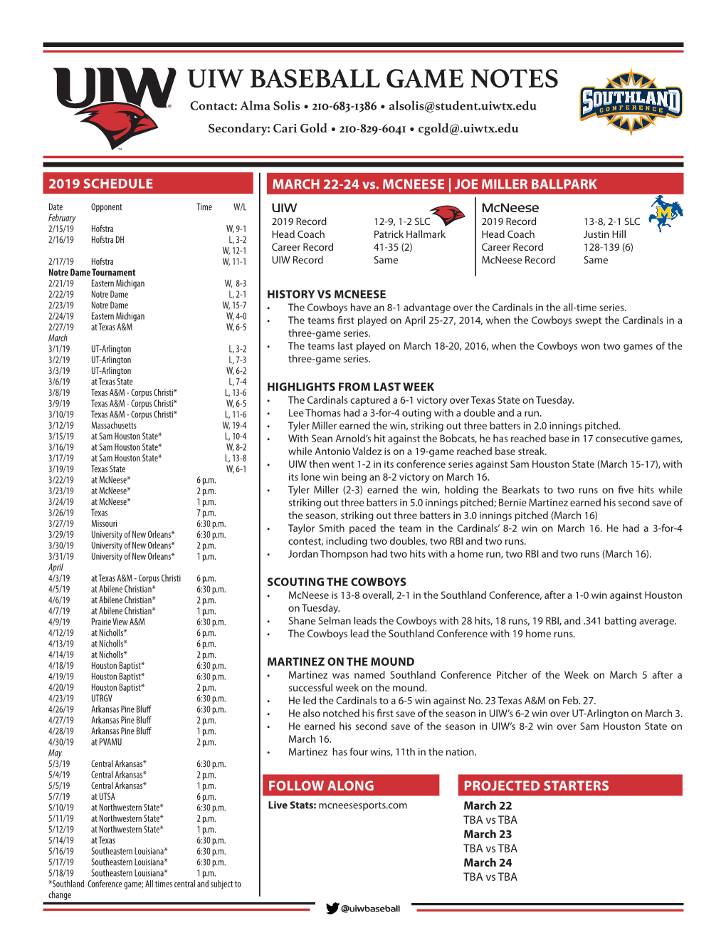 UIW BASEBALL GAME NOTES Contact: Alma Solis • 210-683-1386 • Alsolis@Student.Uiwtx.Edu Secondary: Cari Gold • 210-829-6041 • Cgold@.Uiwtx.Edu