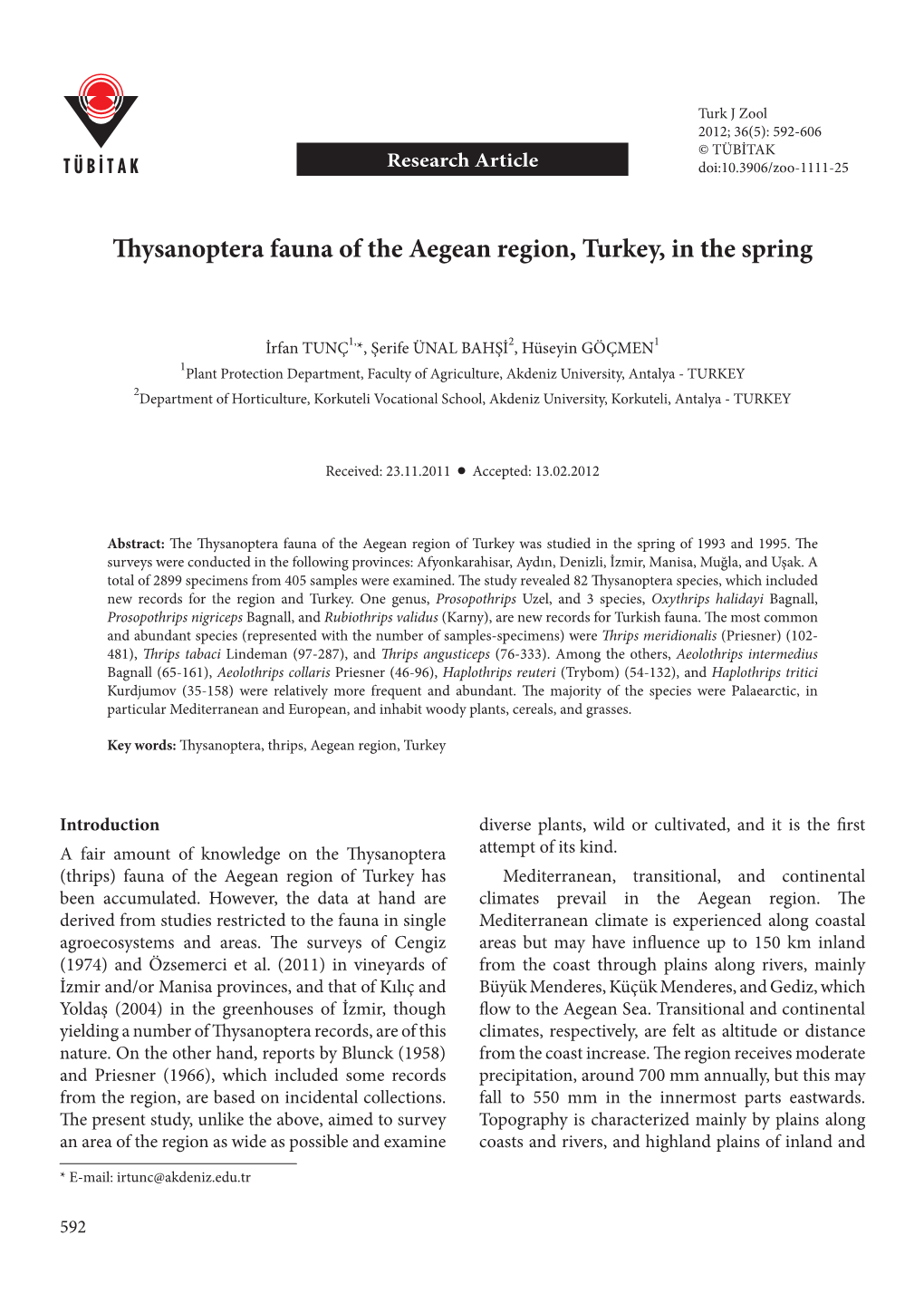 Thysanoptera Fauna of the Aegean Region, Turkey, in the Spring