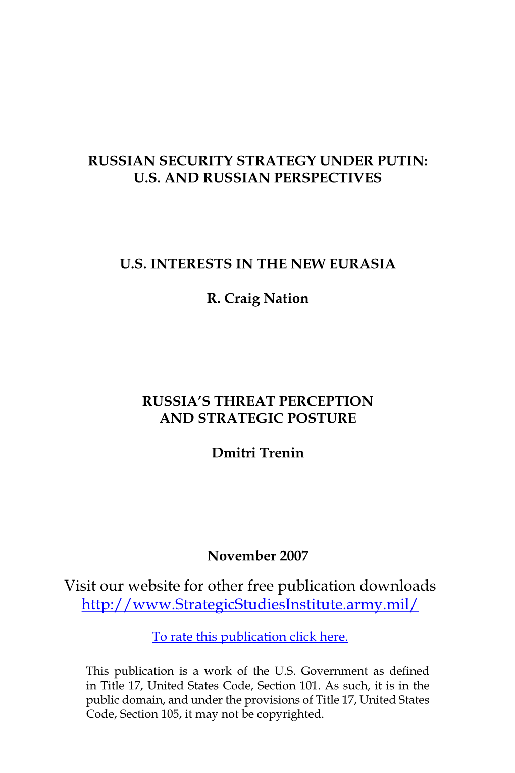 Russian Security Strategy Under Putin: US and Russian Perspectives