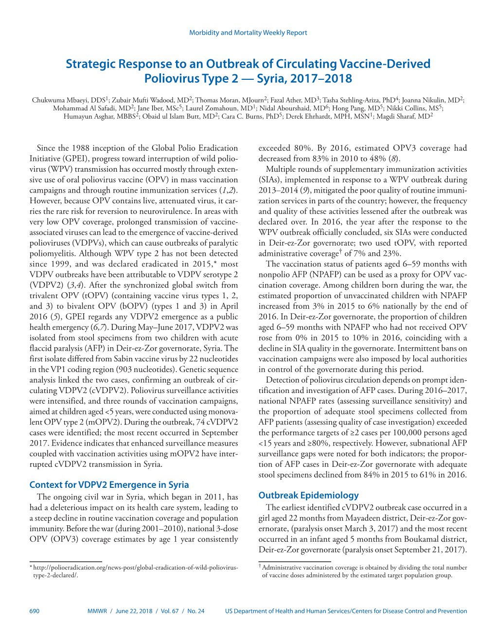 Strategic Response to an Outbreak of Circulating Vaccine-Derived Poliovirus Type 2 — Syria, 2017–2018