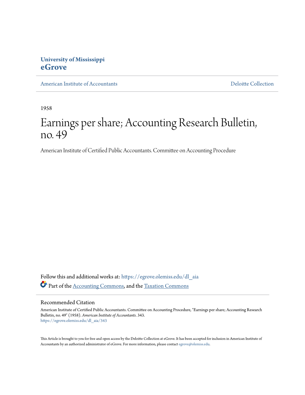 Earnings Per Share; Accounting Research Bulletin, No. 49 American Institute of Certified Public Accountants