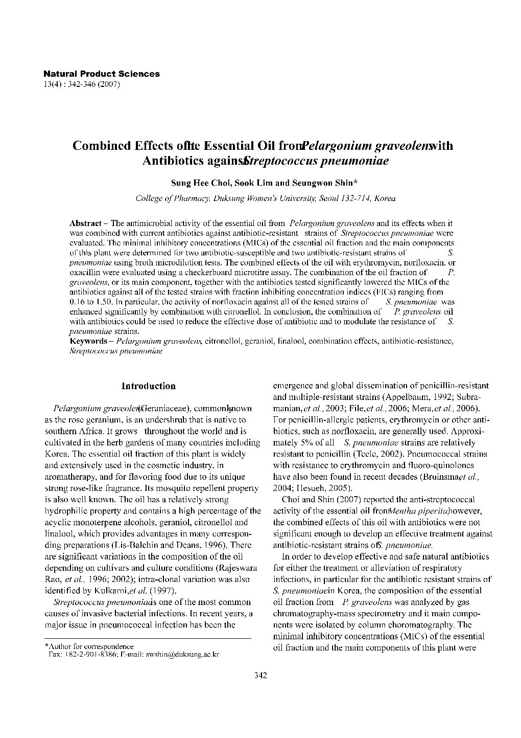 Combined Effects of the Essential Oil from Pelargonium Graveolens with Antibiotics Against Streptococcus Pneumoniae