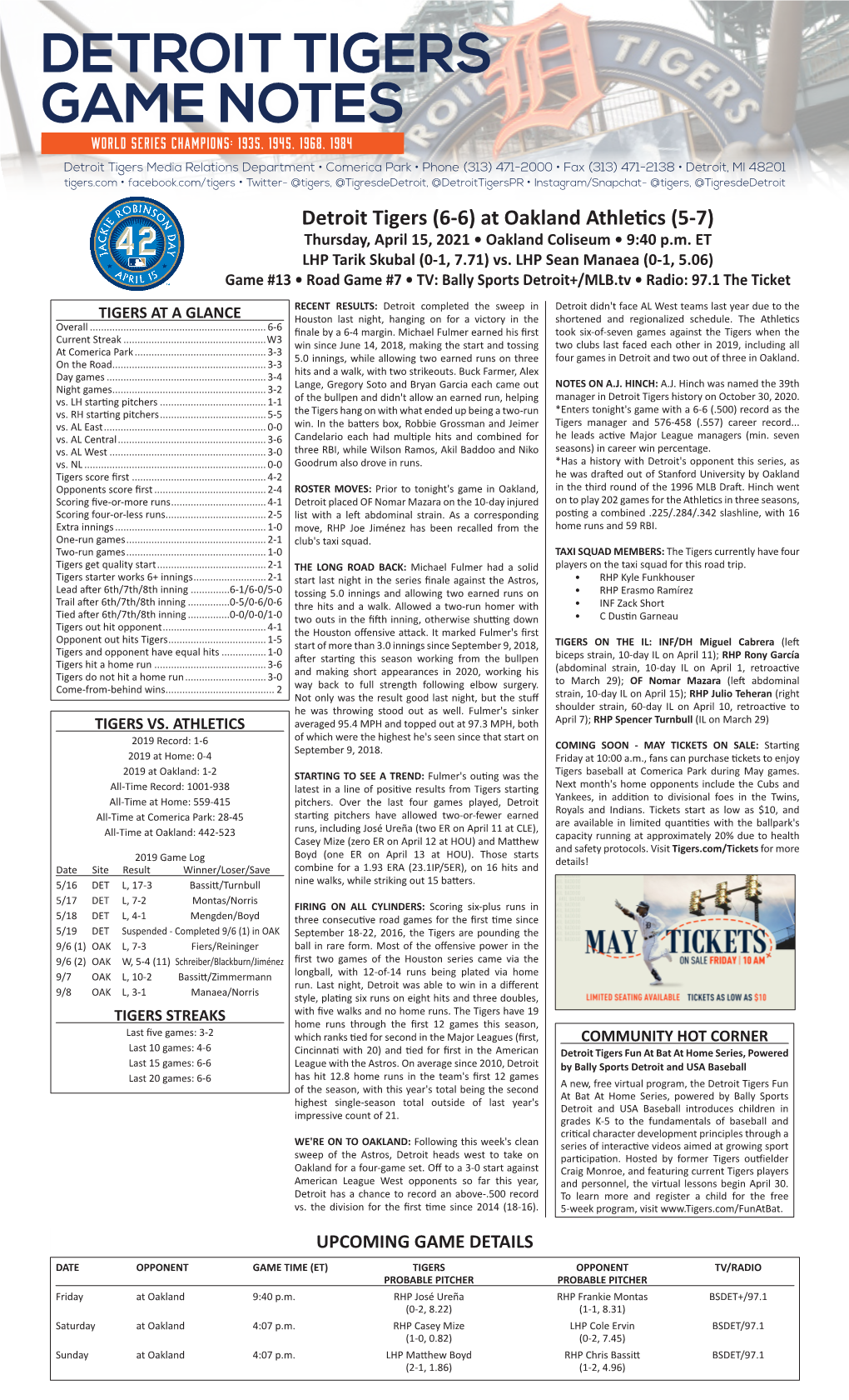 Detroit Tigers Game Notes