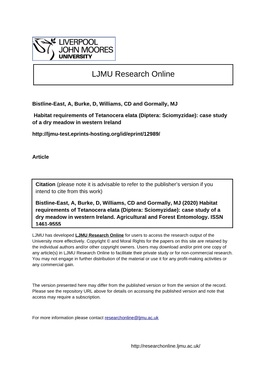 Download And/Or Print One Copy of Any Article(S) in LJMU Research Online to Facilitate Their Private Study Or for Non-Commercial Research