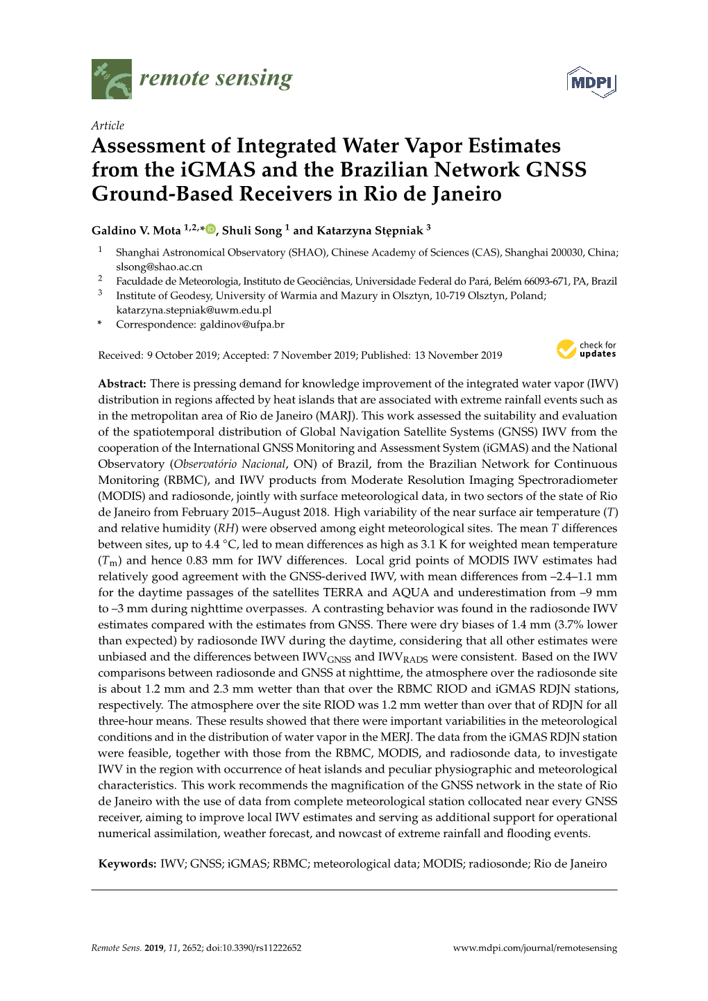 Assessment of Integrated Water Vapor Estimates from the Igmas and the Brazilian Network GNSS Ground-Based Receivers in Rio De Janeiro