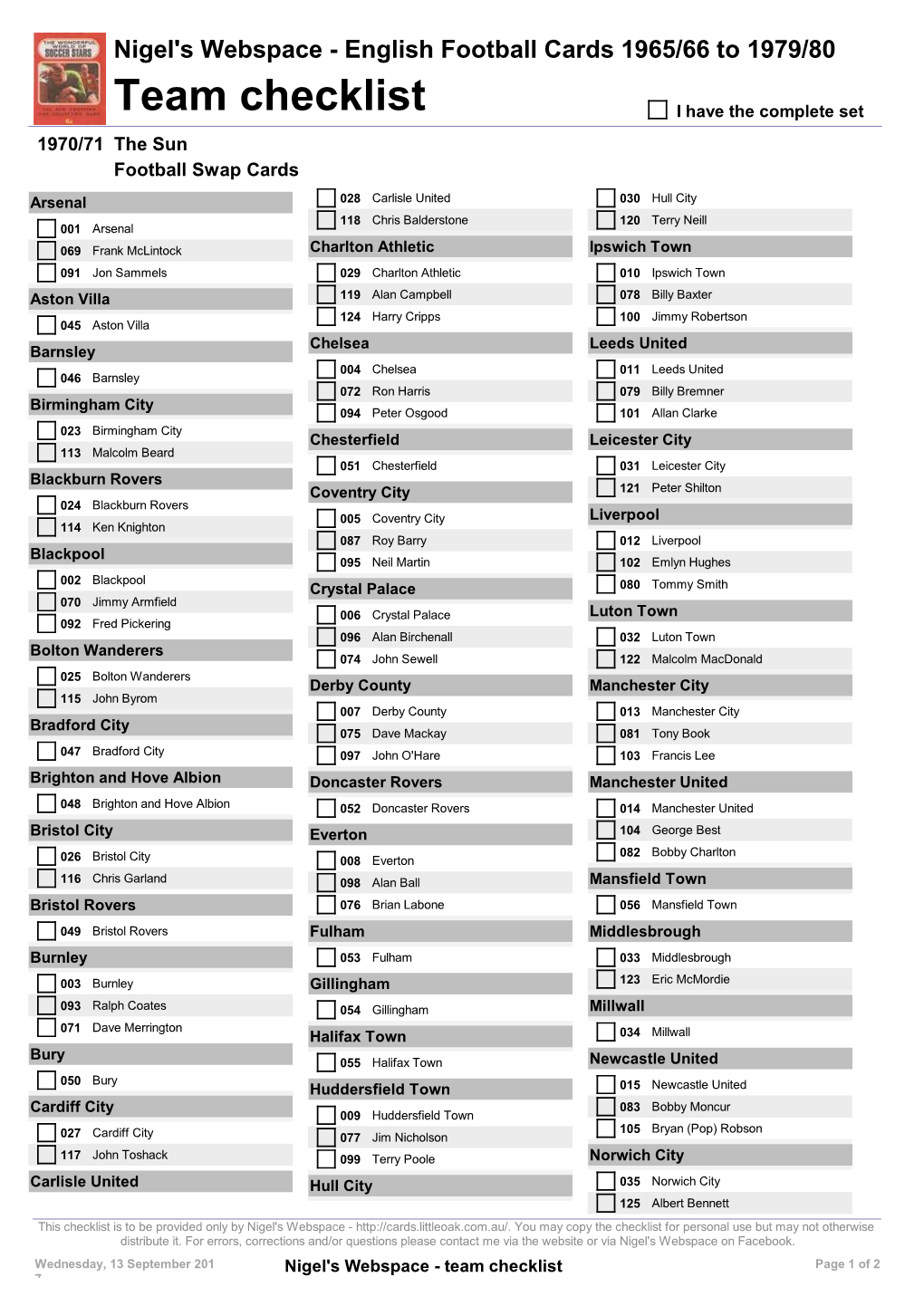 Team Checklist I Have the Complete Set 1970/71 the Sun Football Swap Cards