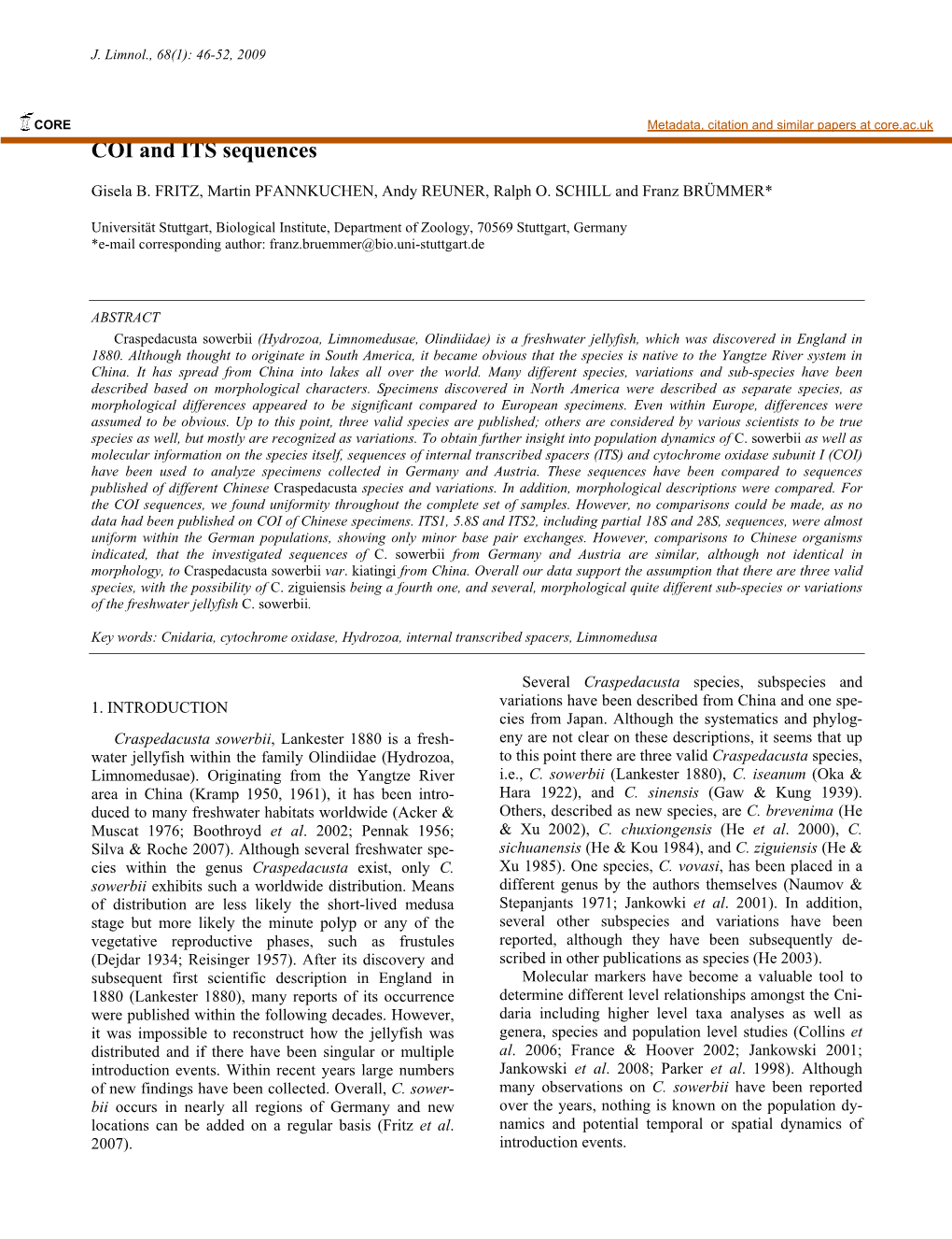 Craspedacusta Sowerbii, Lankester 1880 – Population Dispersalmetadata, Analysis Citation and Using Similar Papers at Core.Ac.Uk COI and ITS Sequences