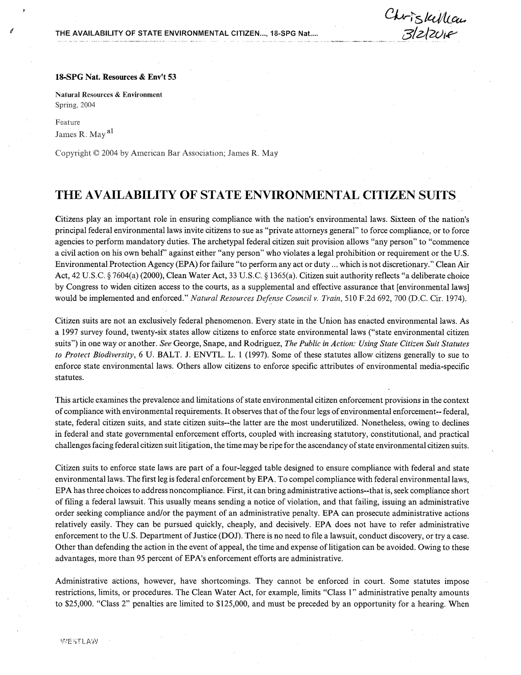 The Availability of State Environmental Citizens Suits