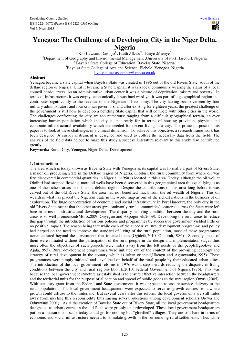 Yenegoa: the Challenge of a Developing City in the Niger Delta, Nigeria Kio-Lawson