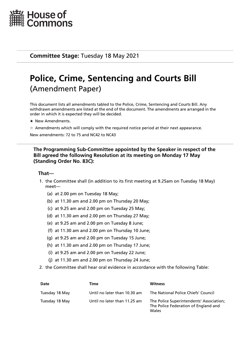 Police, Crime, Sentencing and Courts Bill (Amendment Paper)