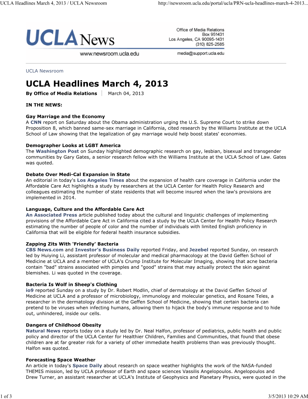 UCLA Headlines March 4, 2013 / UCLA Newsroom