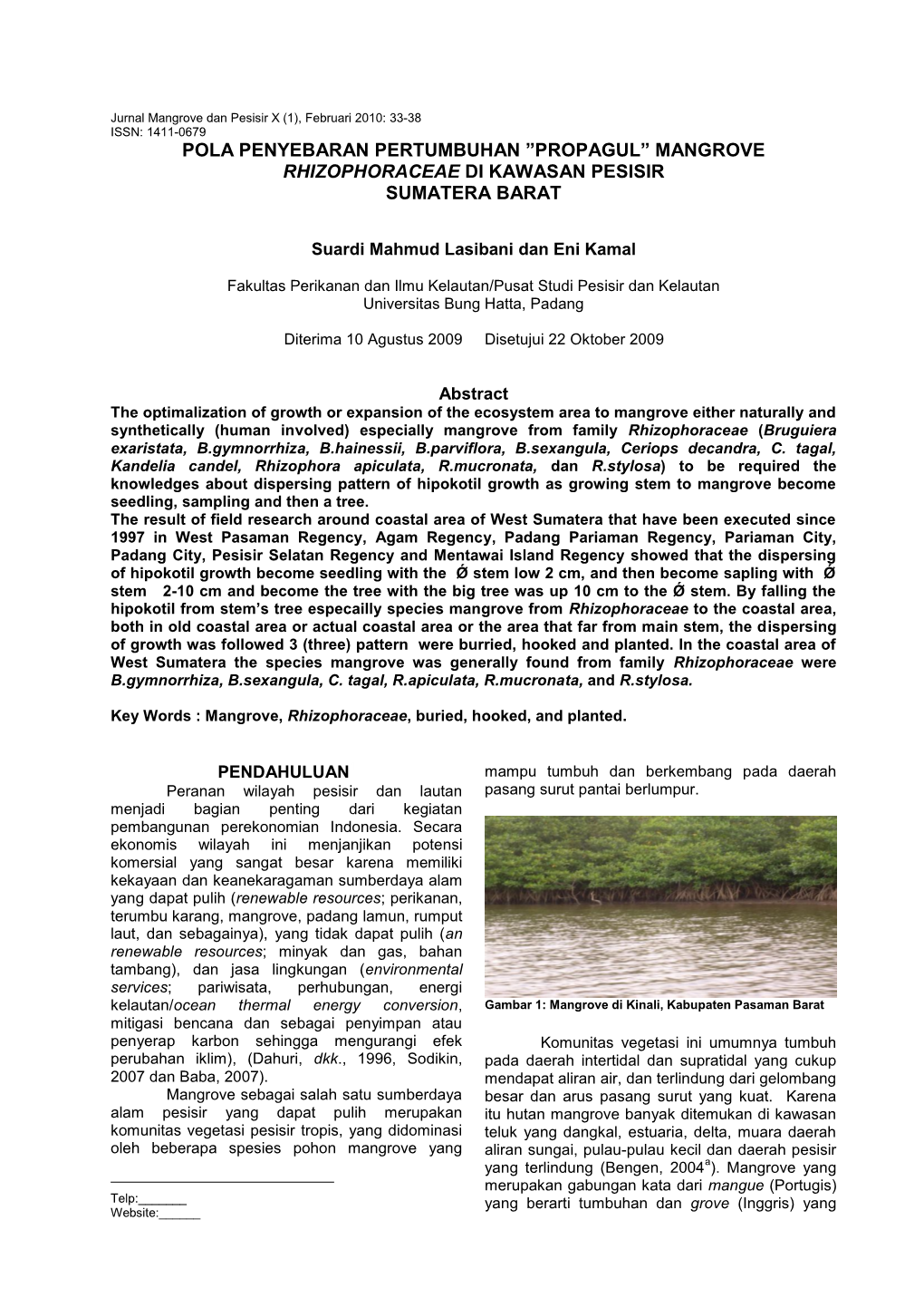 Pola Penyebaran Pertumbuhan ”Propagul” Mangrove Rhizophoraceae Di Kawasan Pesisir Sumatera Barat