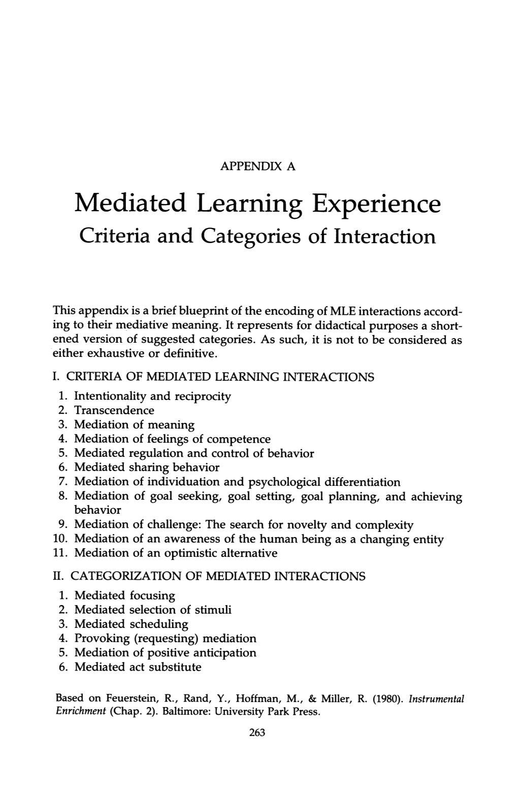 Mediated Learning Experience Criteria and Categories of Interaction