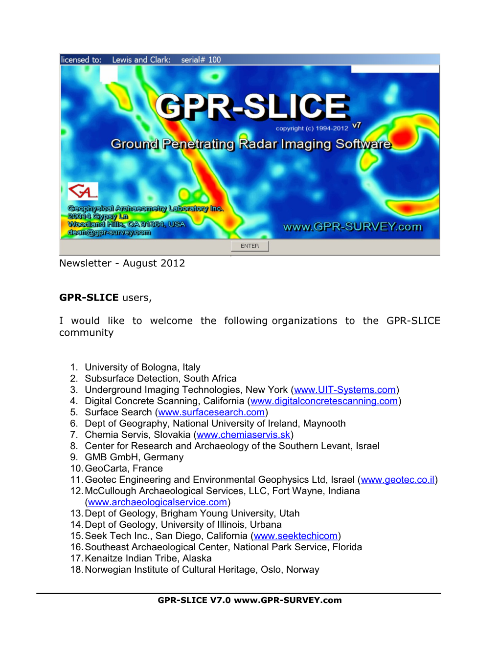 I Would Like to Welcome the Followingorganizations to the GPR-SLICE Community