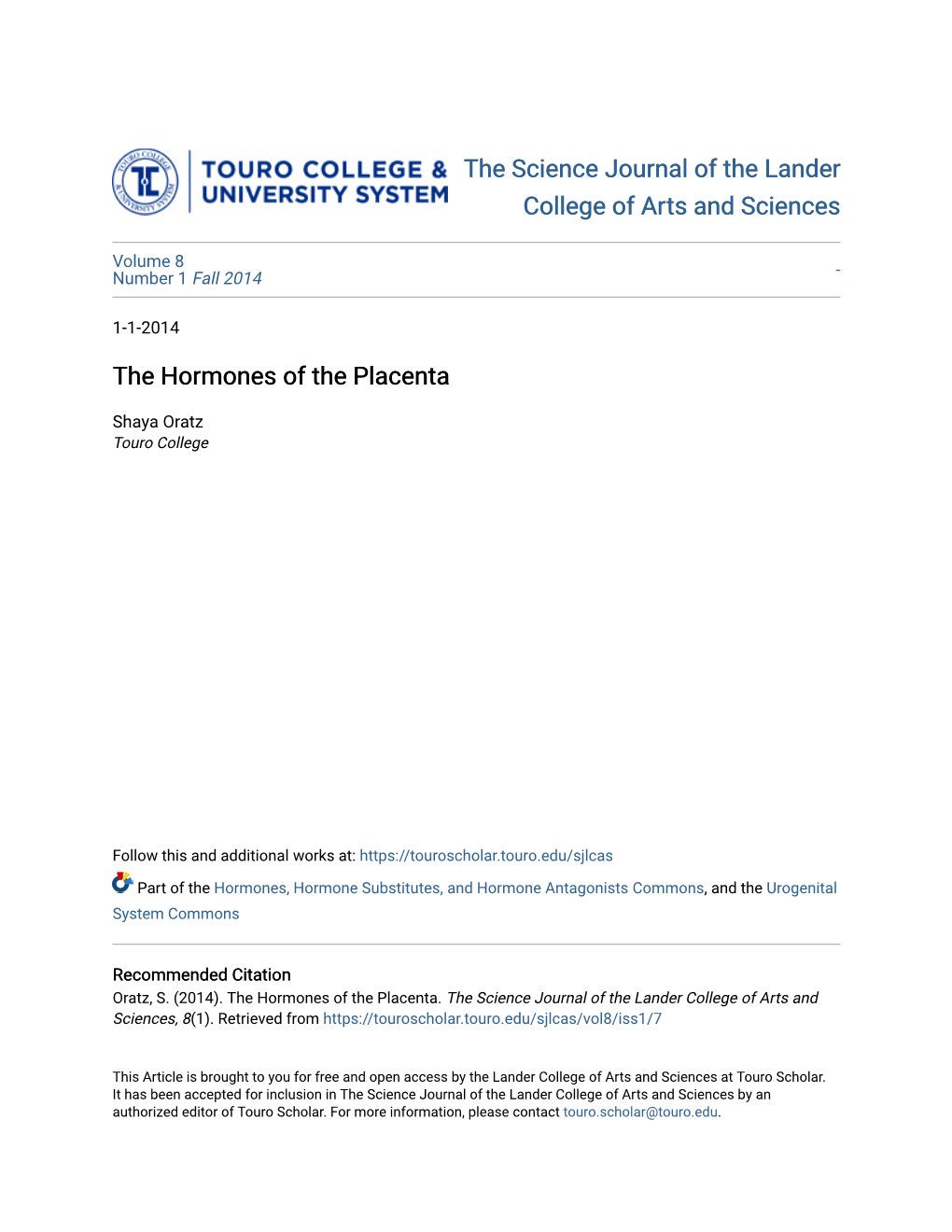 The Hormones of the Placenta