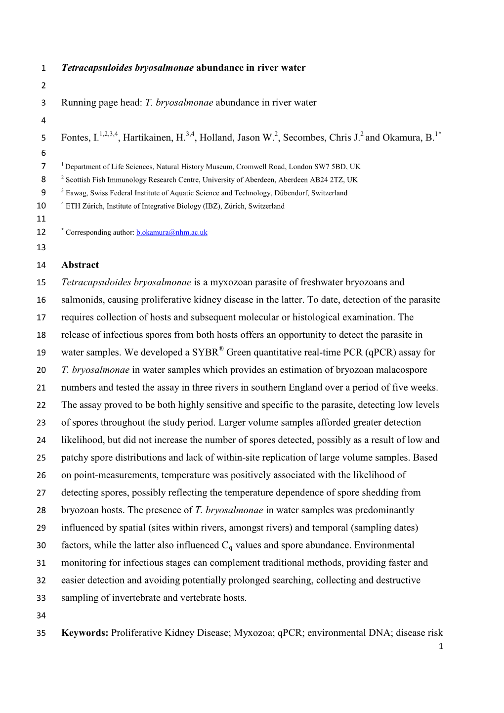 T. Bryosalmonae Abundance in River Water Fontes, I