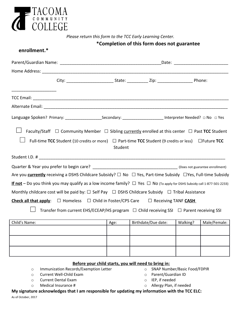 Please Return This Form to the TCC Early Learning Center