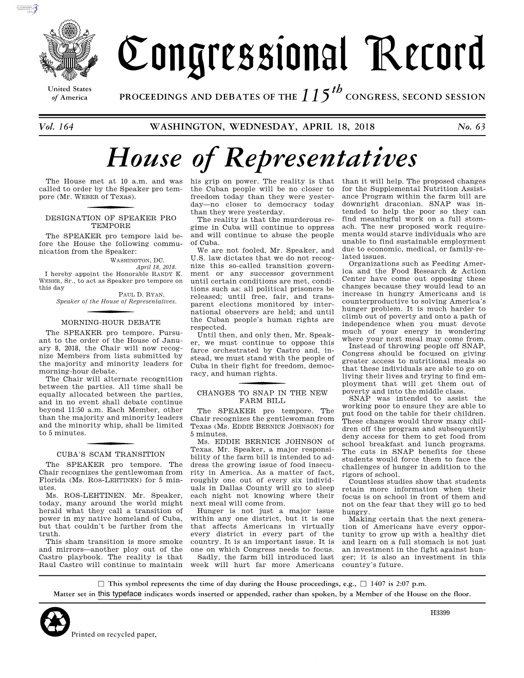 Congressional Record United States Th of America PROCEEDINGS and DEBATES of the 115 CONGRESS, SECOND SESSION