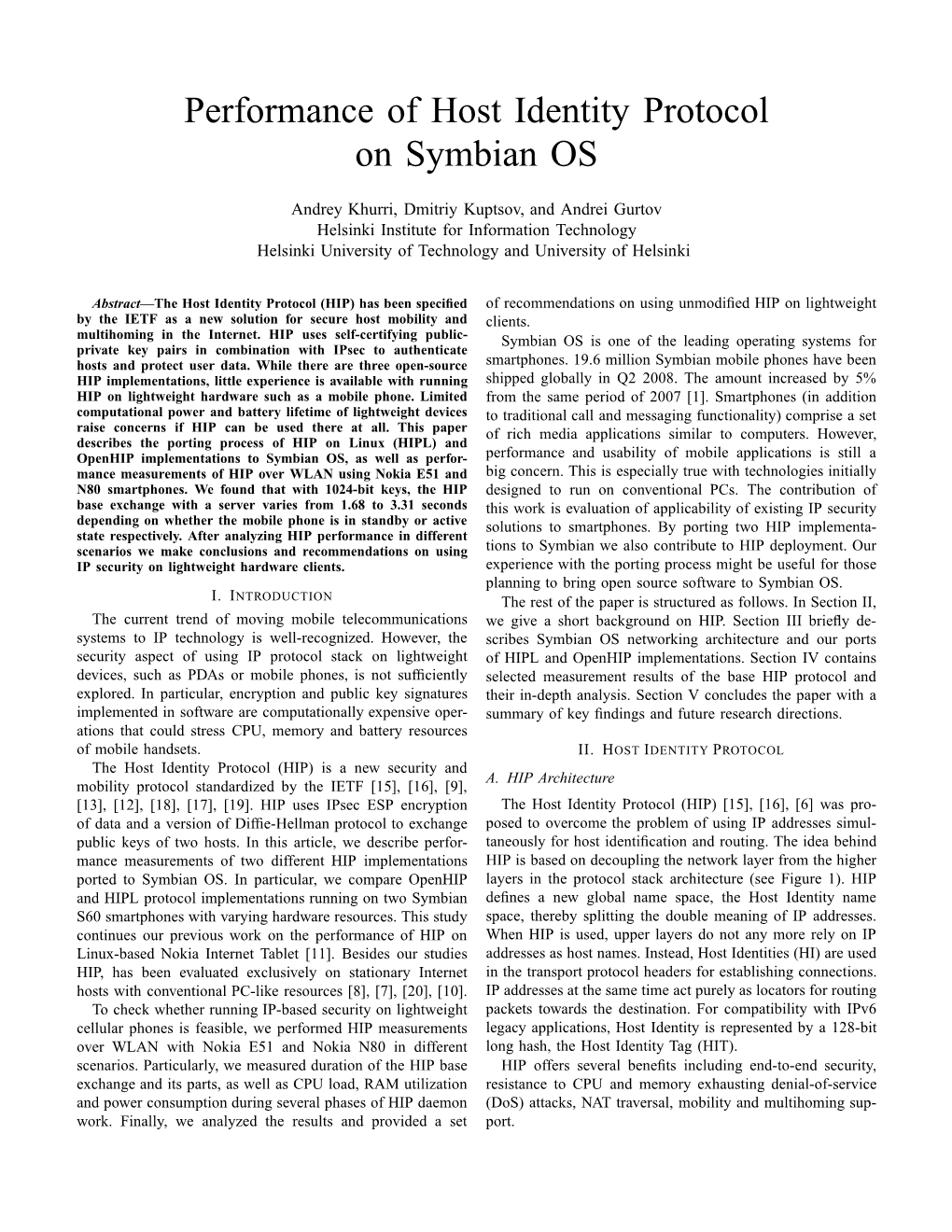 Performance of Host Identity Protocol on Symbian OS