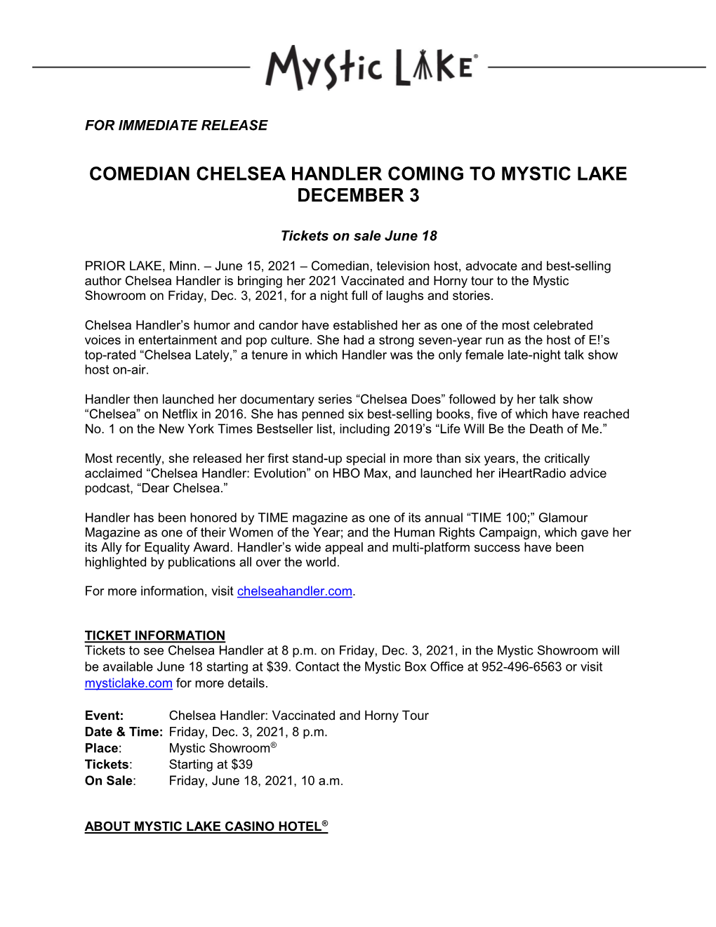 Comedian Chelsea Handler Coming to Mystic Lake December 3