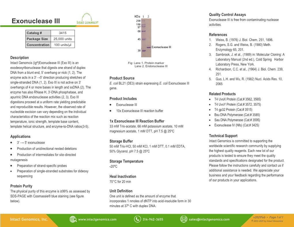 Exonuclease III Exonuclease III Is Free from Contaminating Nuclease Activities